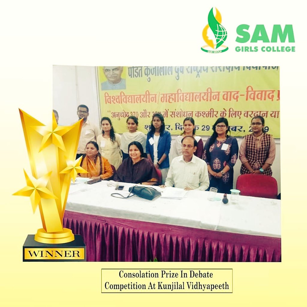 KarshMansi's tweet photo. Glad to share with you all, that a student of Sam Girl's College Monika Saini, https://t.co/jtPK1EgkxY (Hons.) received a consolation prize of  ₹2500 in a debate, held at Kunjilal Vidyapeeth.📚💡
#samgirlscollege #winnerwednesday  #educationalevent #debate #women  #empowerment. https://t.co/azyABR2n5e