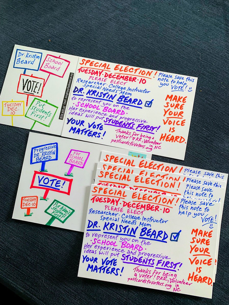 Tomorrow, #AikenSC! You have a #SpecialElection! Please elect DR. KRISTIN BEARD to represent you on the SCHOOL BOARD. Her experience and progressive ideas will put Aiken’s students first. Please vote for her *by name* on the ballot. #KristinForAiken #BeAVoter #PostcardsToVoters