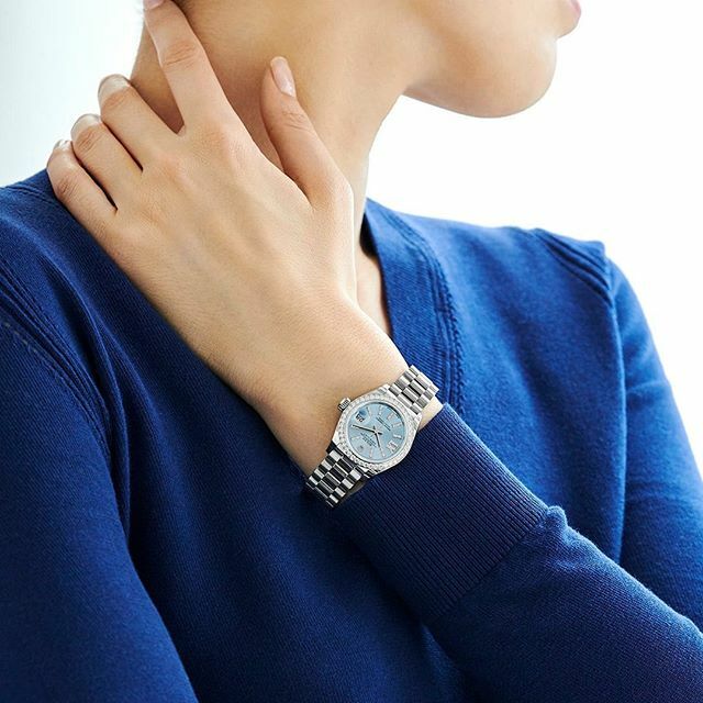 The Rolex Lady-Datejust 28 in platinum, 28 mm case, ice blue dial set with diamonds, President bracelet. #Rolex #Datejust ift.tt/38mdoa8