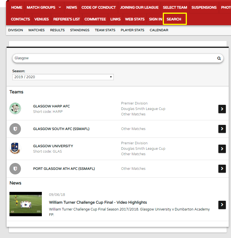 Check out the new "head to head" section on the match page (prior to a result being entered) and the new "site search" page on your league sites.