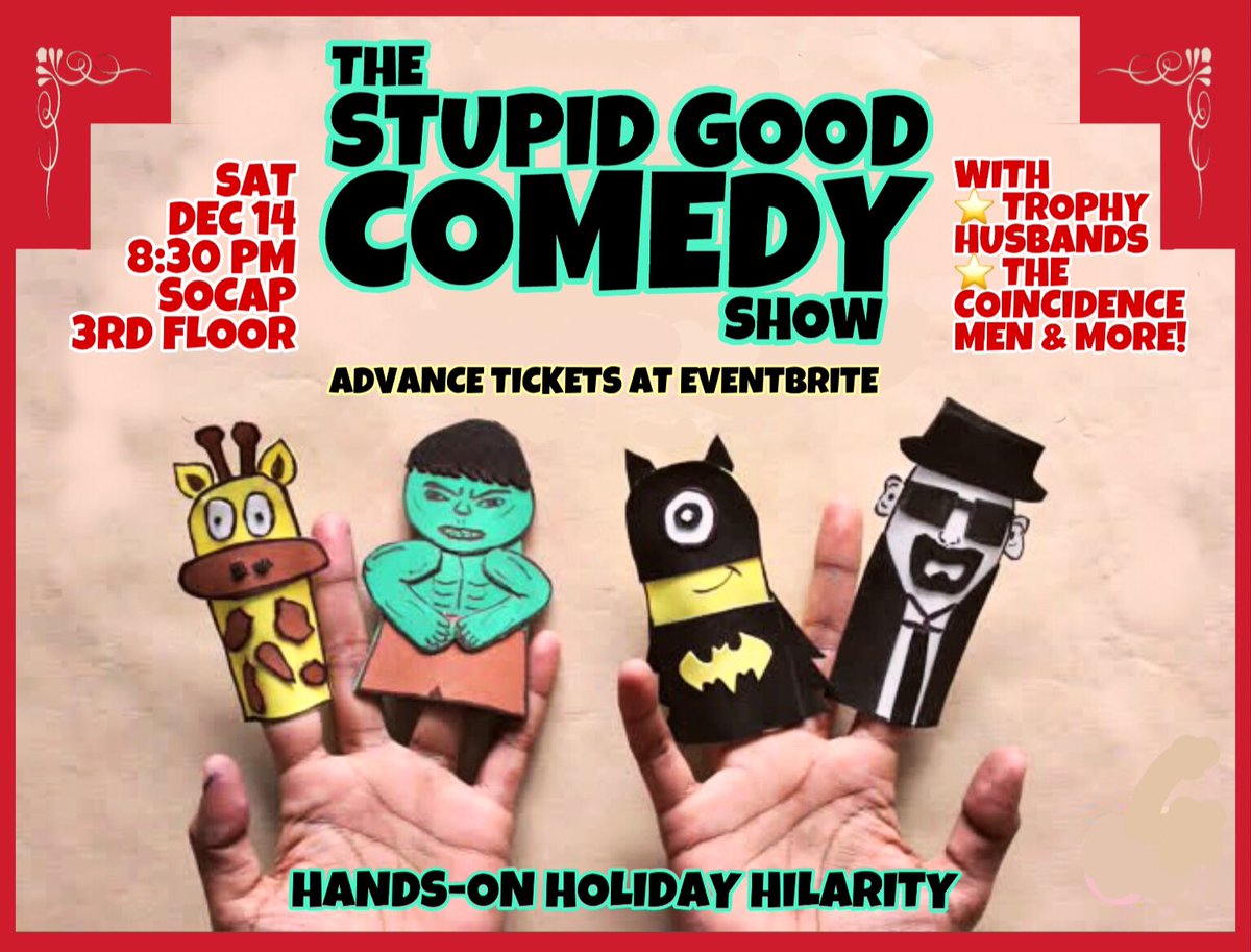 CoincidenceMen's tweet photo. HEYO
THIS SAT @ 8:30
SOCAP 3RD FLR
IT’S
🎭THE STUPID GOOD COMEDY SHOW
(MERRY XMIRTH EDITION)
HILARIOUS HOLIDAY IMPROV W/
🎄SEMPER PIE
🎁TROPHY HUSBANDS
🎅THE COINCIDENCE MEN
🎟 ADV TIX HERE
https://t.co/UvdxGj2mxw
#improv #toronto #thesocap #stupidgood #thecoincidencemen https://t.co/PVSNapANpB