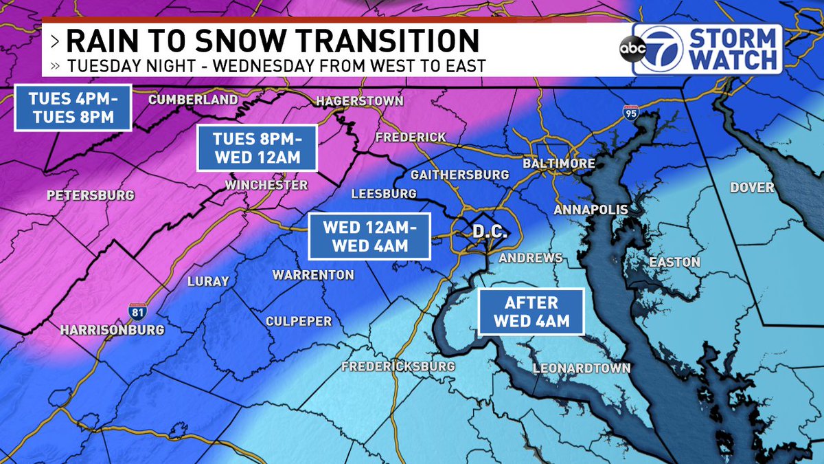 Latest guidance continues to transition our Tuesday evening rain into a mix to snow from west to east. Here's our latest thinking on timing of that transition which will coincide with the Wednesday AM rush - thus validating our need to issue a Weather Alert for that morning.
