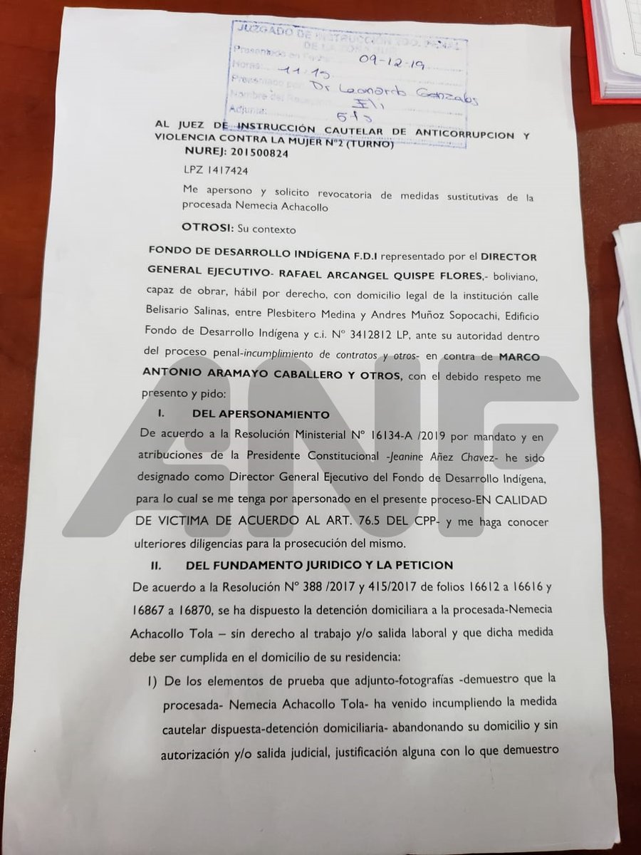 noticiasfides's tweet photo. #ANF El director del Fondo de Desarrollo Indígena (FDI), Rafael Quispe, presentó ante la justicia una solicitud de revocatoria de las medidas sustitutivas concedidas a la exministra Nemesia Achacollo. 👇 https://t.co/NLShwi4Eob