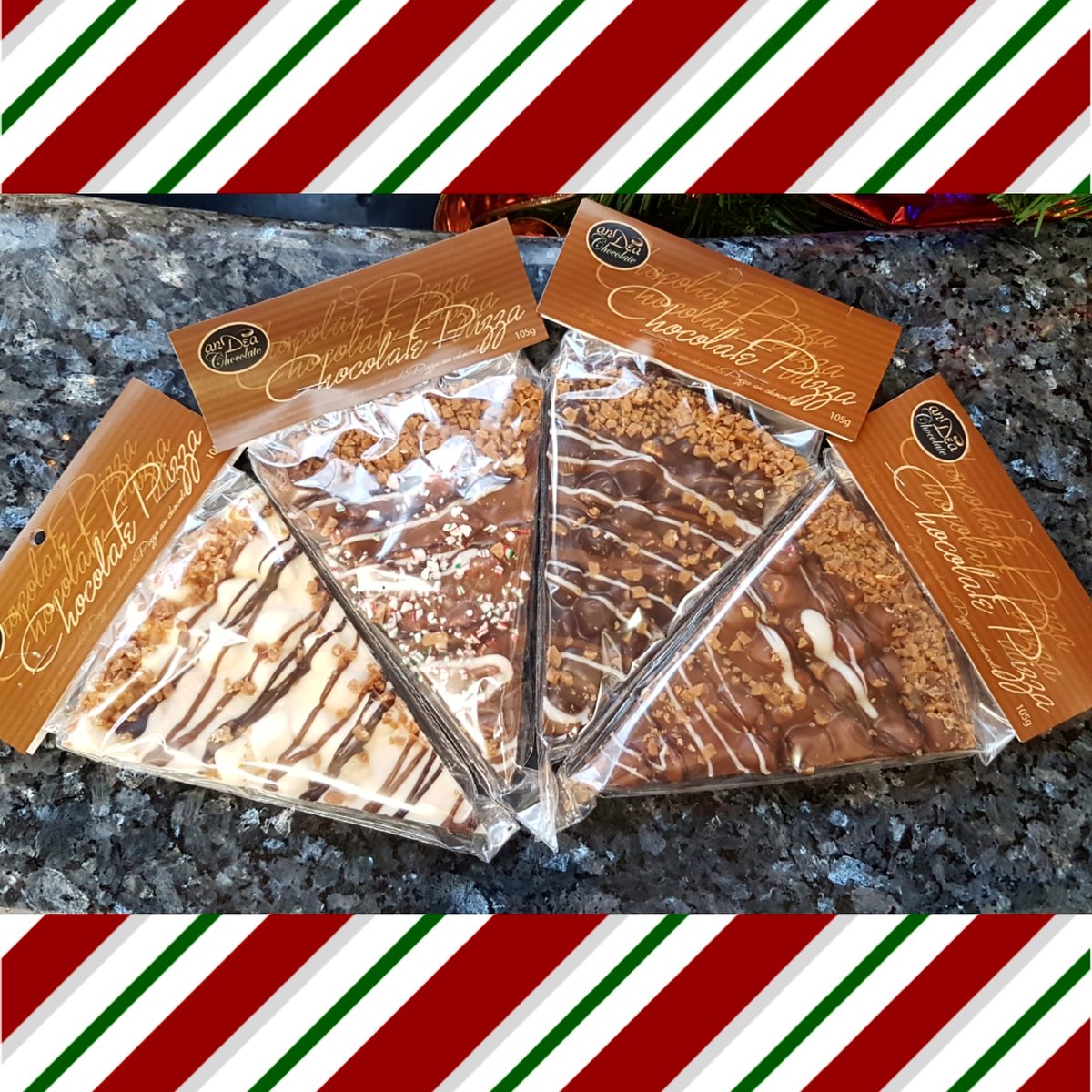Chocolate pizza is our FAVOURITE pizza! White, milk, dark, and fresh for the season: Holiday Pizza!  #crushedcandycane #holidayfavourites #holidays #chocolatepizza #yummy #whitechocolate #milkchocolate #darkchocolate #locallymade #stockingstuffers #giftideas #shoplocal #hamont