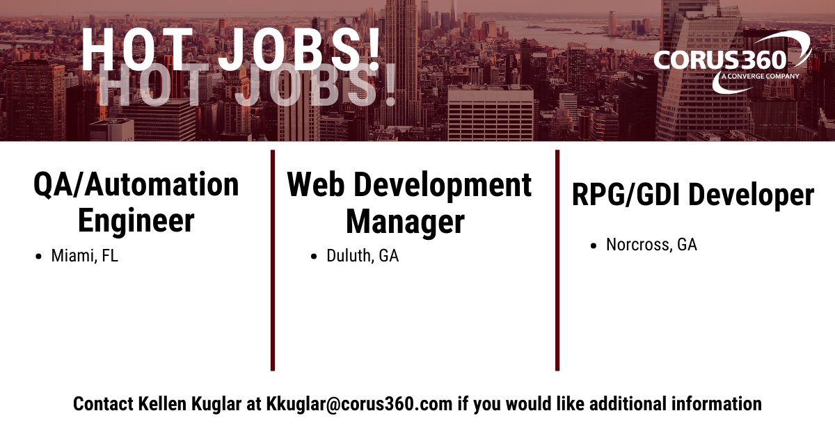 CorusStaffing's tweet photo. Happy Monday! We have a couple new job openings!

If you would like more information, please contact Kellen Kuglar at Kkuglar@corus360.com or click the link below!
https://t.co/RiCBfftpvP

#Miami #Duluth #Norcross #GA #FL #Engineer #Manager #Developer https://t.co/cpQQbvtbGU