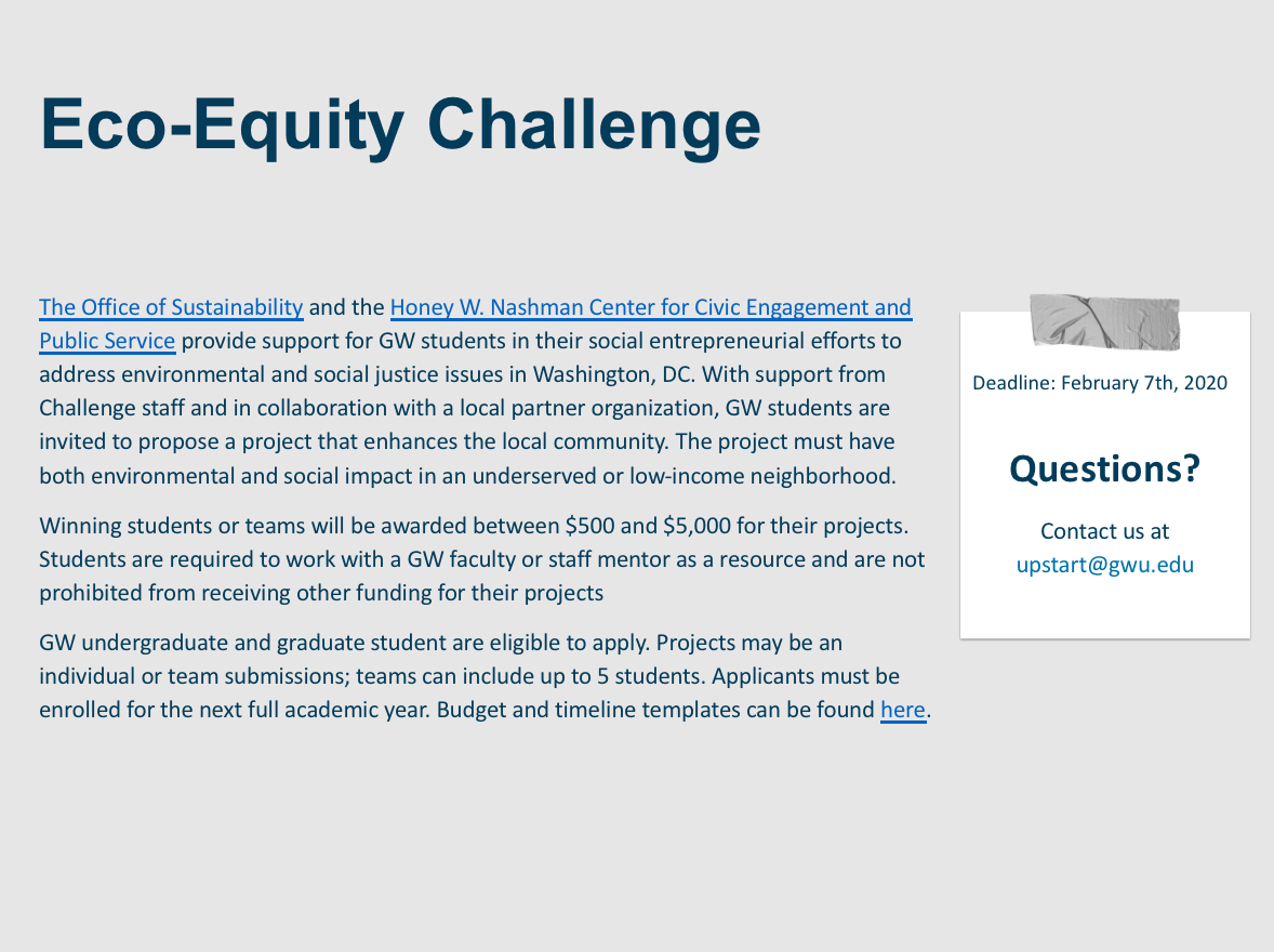 NashmanFaculty's tweet photo. Here @GWServes we value students efforts to make sustainable contributions to the environment. If your community engaged work with organizations centers sustainability-apply for the eco-equity challenge https://t.co/z1IvqNS509 #nashmancenter #sustainable #SustainingTheFuture https://t.co/FpVx6NDxXl