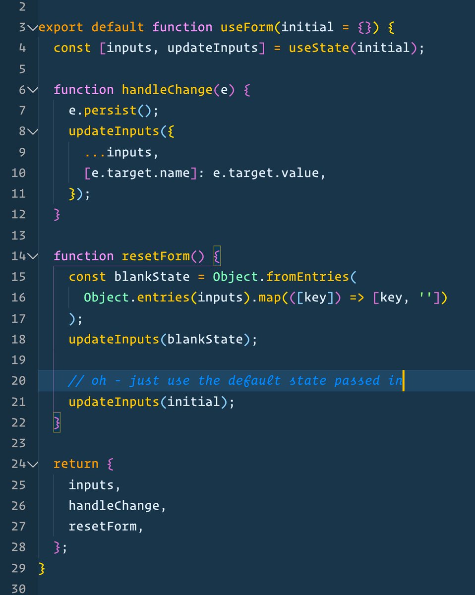 wesbos's tweet image. Just spent 10 minutes crafting this resetForm function to clear out any state values, but keep the keys. I thought I was sooo clever, only to realize I could just pass set the initial state and it would do the same thing 😆