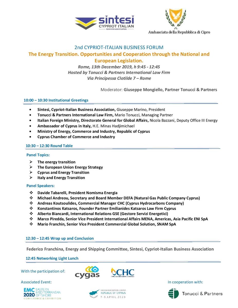 Sintesibusiness's tweet photo. #energy #energytransition #cyprus We look forward to meet Institutions and Energy Stakeholders at the 2nd Cypriot-Italian Business Forum focused on Energy Transition and Italy Cyprus Cooperation Opportunities. @tonuccipartners @CyprusinItaly @ItalyinCyprus @EMCcyprus https://t.co/i40Z52Z0Uf