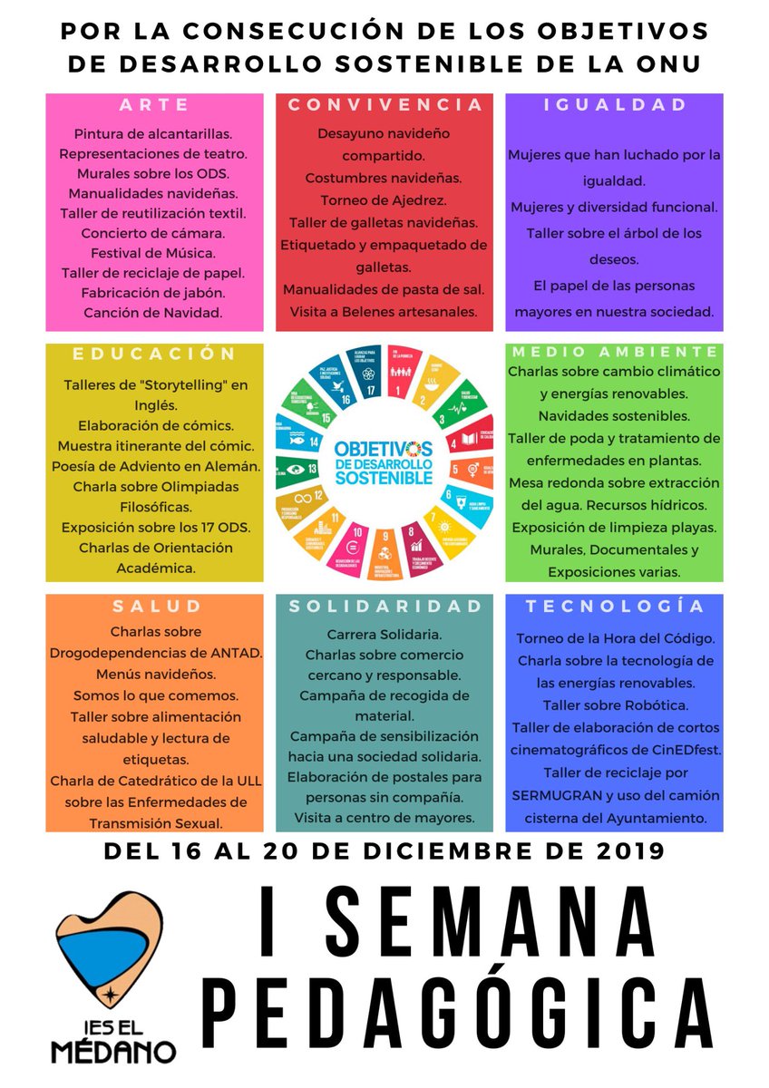 ieselmedano's tweet image. Desde mañana arranca la I Semana Pedagógica del IES El Médano. Durante los próximos días se llevarán acabo infinidad de actividades desde los diferentes Departamentos. El objetivo es trabajar los #ODS propuestos por la @ONU_es desde las diferentes materias @agenda2030esp