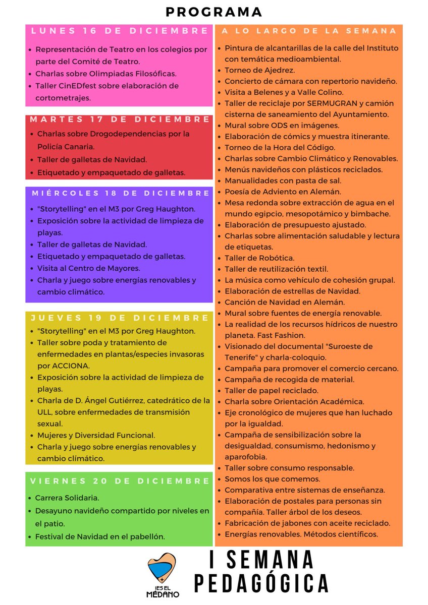 ieselmedano's tweet image. Desde mañana arranca la I Semana Pedagógica del IES El Médano. Durante los próximos días se llevarán acabo infinidad de actividades desde los diferentes Departamentos. El objetivo es trabajar los #ODS propuestos por la @ONU_es desde las diferentes materias @agenda2030esp