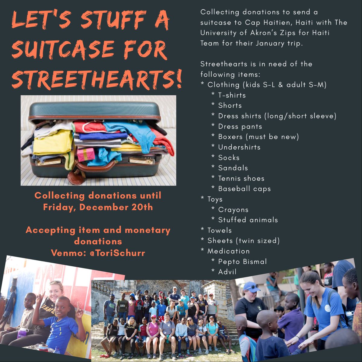 Hi everyone! I am trying to stuff a suitcase to send down with the <a href="/zipsforhaiti/">Zips For Haiti 🇭🇹</a> team to support <a href="/Streethearts_/">Streethearts Haiti</a> in January! Please consider donating and share to spread the word! Even the smallest donations change lives! #streethearts #haiti #donate