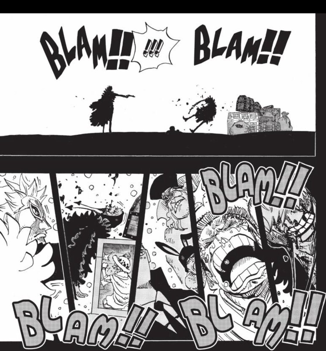 This section is brutal. Interspersing crying faces between the gunshots with the slanted gutters and knowing Law can feel the impacts of Cora’s body being tossed against the chest again and again... No clear shot of the gun, only Doffy looking stone-faced, it’s all him.  #OPGrant