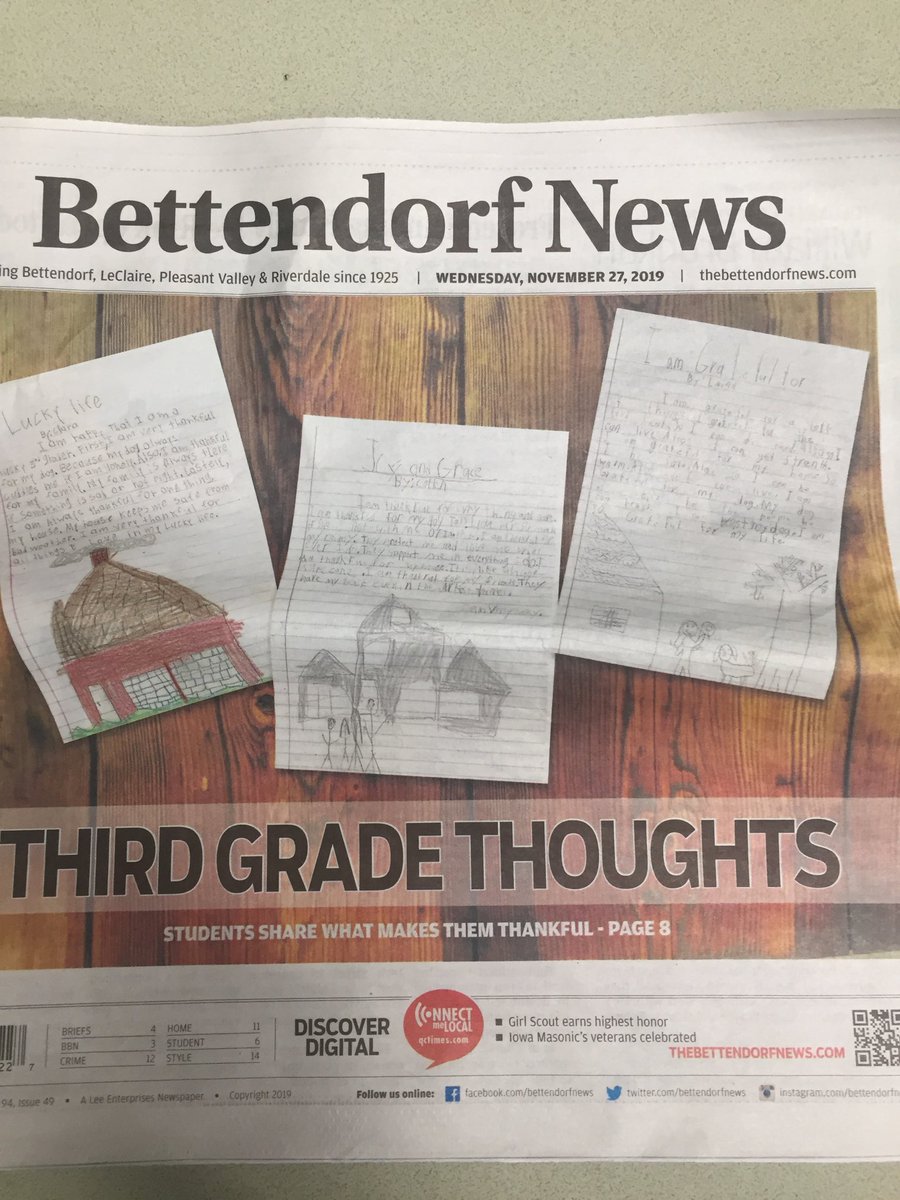 BCahalan3's tweet photo. 3B students had their writing published in the Bettendorf News.  We have a lot to be thankful for. https://t.co/gRlkxLe5SY