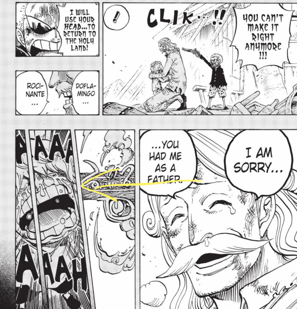 Standout Panel - Obviously this is a timing/sequence of events thing, but the layout makes for interesting framing. Doflamingo’s father set in motion the chain of events that lead Doffy to draw the gun on him, yet the shot is ultimately aimed at himself in the last panel  #OPGrant