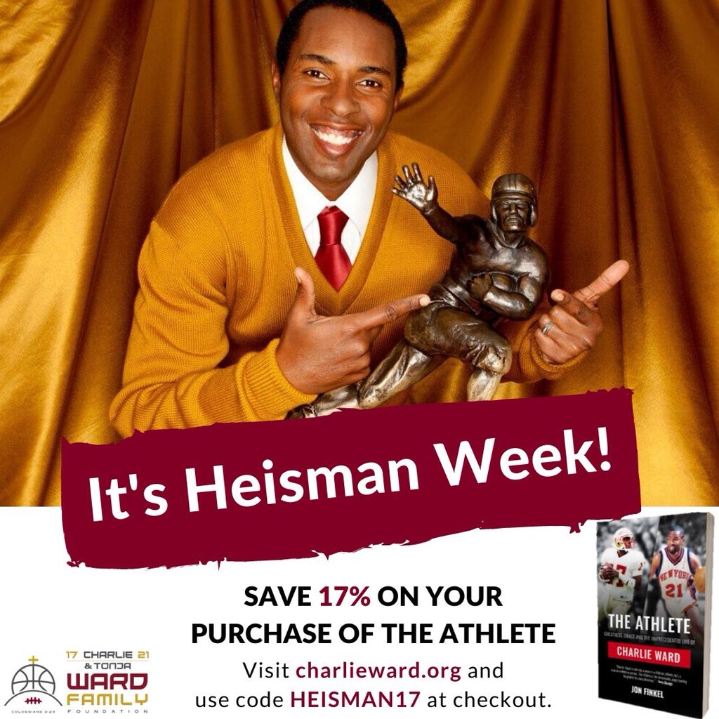 RealCharlieWard's tweet photo. In honor of Heisman Week I'm pleased to offer 17% off copies of my biography The Athlete by @jon_finkel. Visit https://t.co/MzAlTHUiMd now through December 15 and use code HEISMAN17 at checkout to save. 

#CharlieWard #TheAthlete #Heisman2019 #HeismanWeek https://t.co/y0VzjKcpoS
