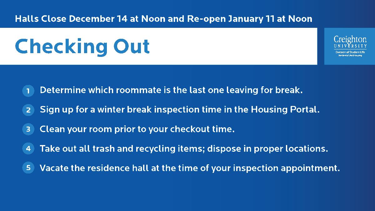 CreightonLiving's tweet photo. Happy finals week! 

Before you head home for break, make sure you've completed the residence hall check-out process.

Visit the Housing Portal to schedule your inspection appointment: https://t.co/dpPoSTBPfy https://t.co/p0ovjLGGUt