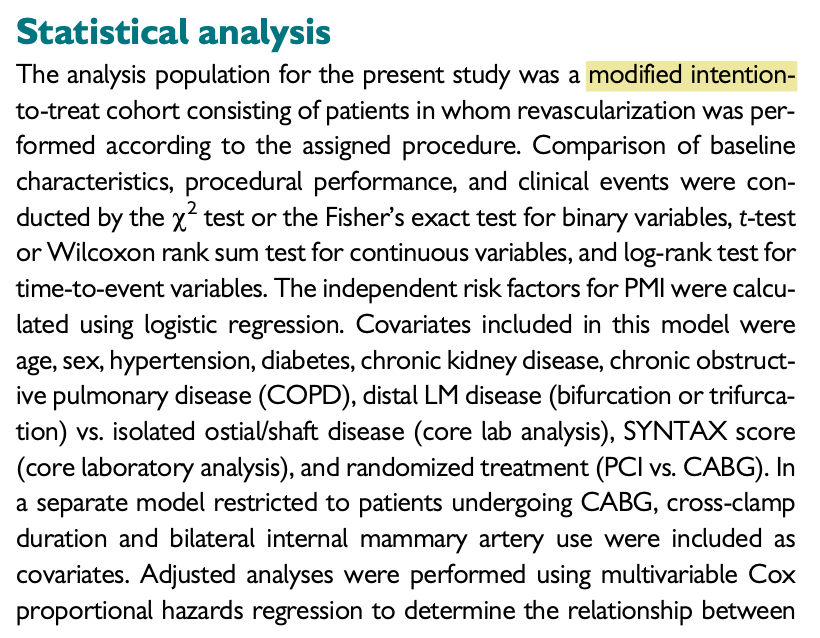 18/ Now for the statistical analysis: this was a “modified intention-to-treat cohort”. What does this mean? Patients were included only if their revascularization was performed according to the assigned procedure