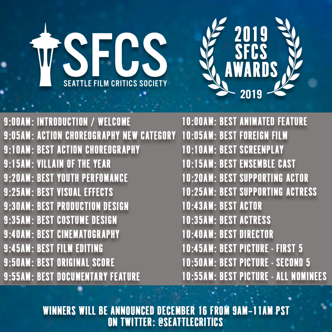 seattlecritics's tweet photo. Welcome everyone to this year’s nominations for the 2019 Seattle Film Critic Society Awards! We will get started in a couple of moments with the first of our categories. So grab a beverage, get comfortable, and see how your favorite films and performances stack up!

#SFCS2019 https://t.co/l3muhGJidj