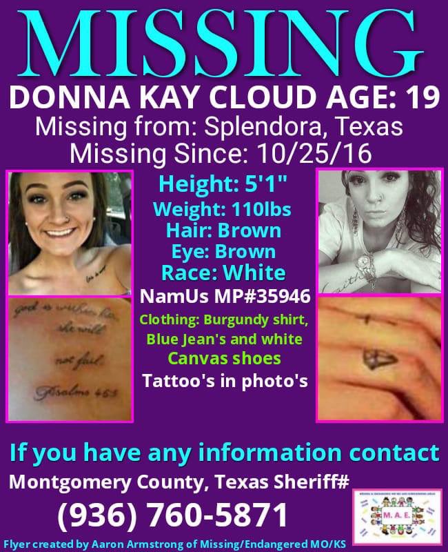 DONNA KAY CLOUD has been missing from Splendora, TX since October 2016.

#DonnaKayCloud #DonnaCloud #SplendoraTX #Splendora #MissingPerson #MissinginTexas