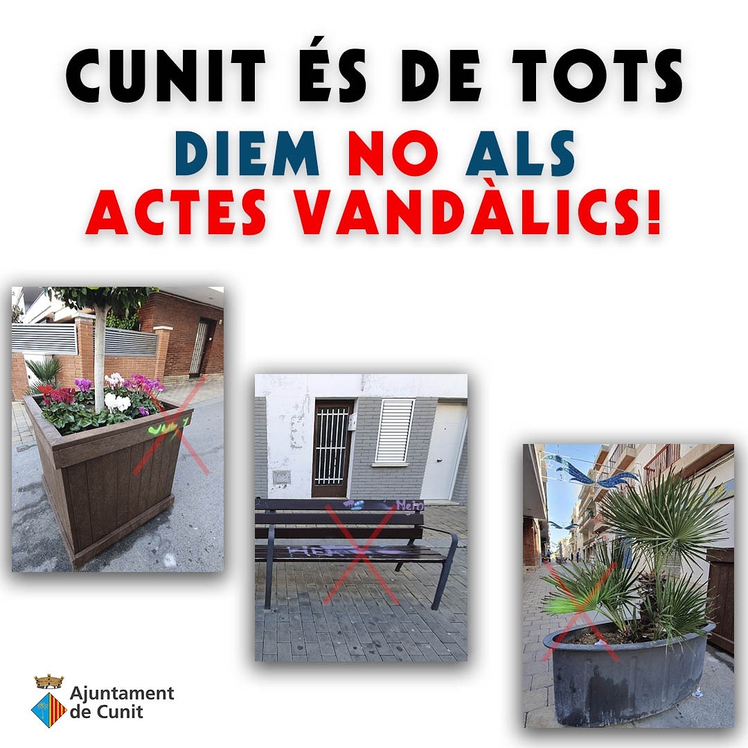 Ajuntamentcunit's tweet image. 🚫 L’Ajuntament vol fer una crida contra els actes vandàlics. Demanem la col·laboració ciutadana per posar en coneixement de la Policia Local qualsevol acció incívica que es localitzi (977675048) en el municipi.

cunit.cat/crida-contra-e…
#AjuntamentDeCunit #ElTeuAjuntament #Cunit