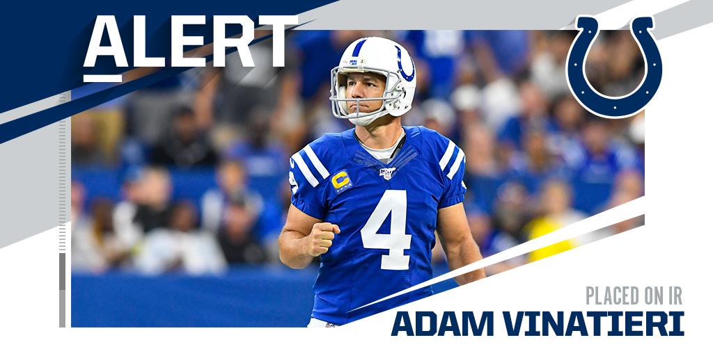 NFL's tweet image. Colts K Adam Vinatieri (knee surgery) to miss the remainder of the season. (via @RapSheet)