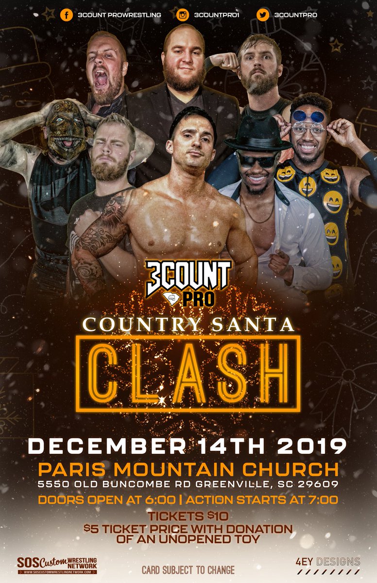 3CountPro's tweet image. We are just 5 days away from our biggest show of the year! Please come out with a new toy to donate to "Country Santa" and enjoy some great action, as well! 3 HUGE title matches, 2 new faces, and a new #1 Contender! #3countpro #CountrySantaClash