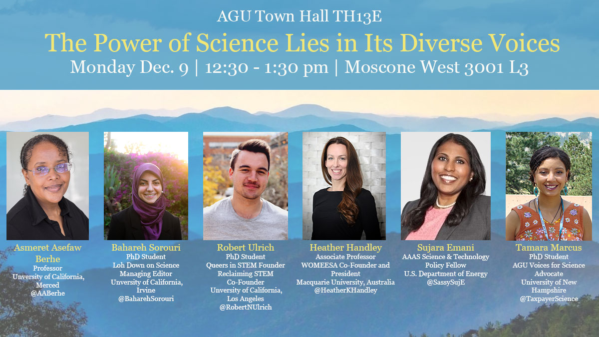 Hey #AGU19, our <a href="/AGU_SciComm/">Sharing Science</a> townhall (TH13E) is TODAY (yay!!) at 12:30pm, all about diverse voices in science! Organized by <a href="/AditiSG/">Aditis Ghhrge</a> <a href="/Katarena17/">katarena</a> @lucilabradorite and me. Speakers include <a href="/aaberhe/">Dr. Asmeret Asefaw Berhe (she/her)👩🏽‍🔬🌍</a> <a href="/baharehsorouri/">Bahareh Sorouri, PhD</a> <a href="/robertnulrich/">bear bear</a> <a href="/heatherkhandley/">Heather Handley</a> @SassySujE <a href="/TaxpayerScience/">Tamara Marcus</a>.