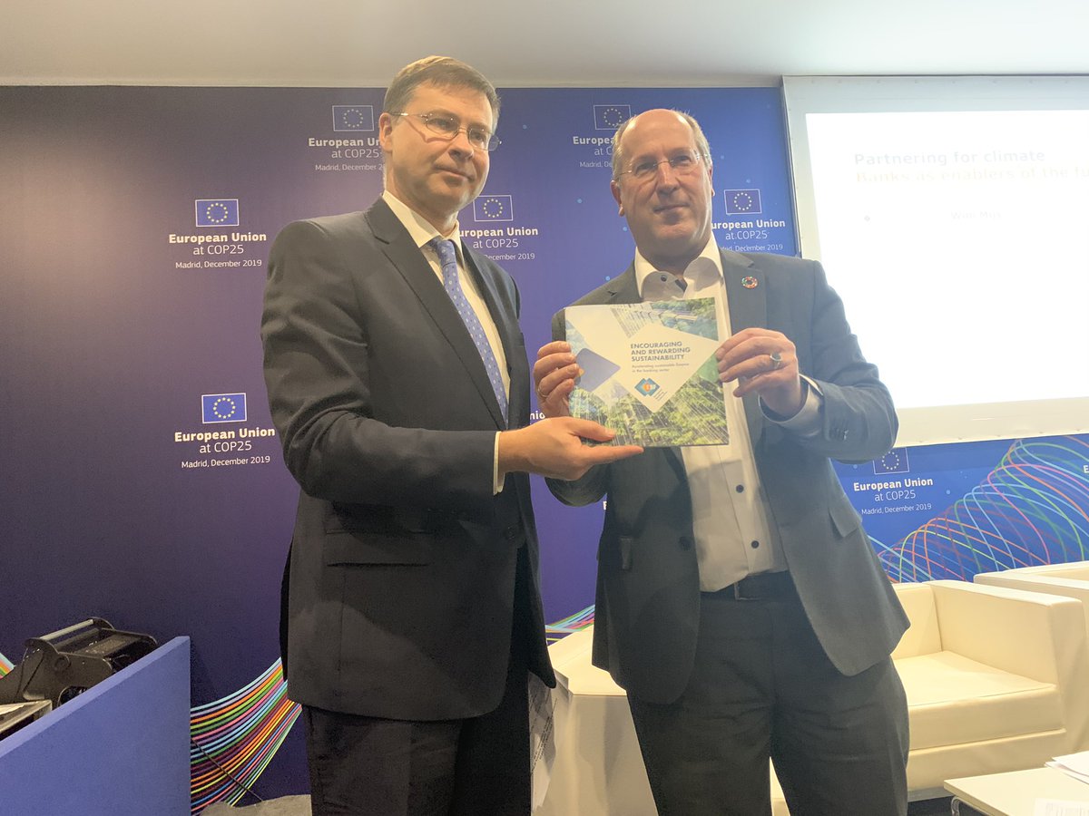 EBFeu's tweet photo. EU Commission Executive Vice President @VDombrovskis at the EBF #COP25 event: “Banks will play a major role in financing the transition in Europe.” #climatefinance #EBFsustainability https://t.co/dBlpH7sEUT