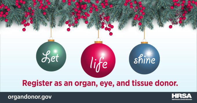 Three ornaments hang from holly. Each ornament has a different word on it, spelling out let life shine. The on-screen text says, register as an organ, eye, and tissue donor. http://bit.ly/37Yxg33. HRSA.