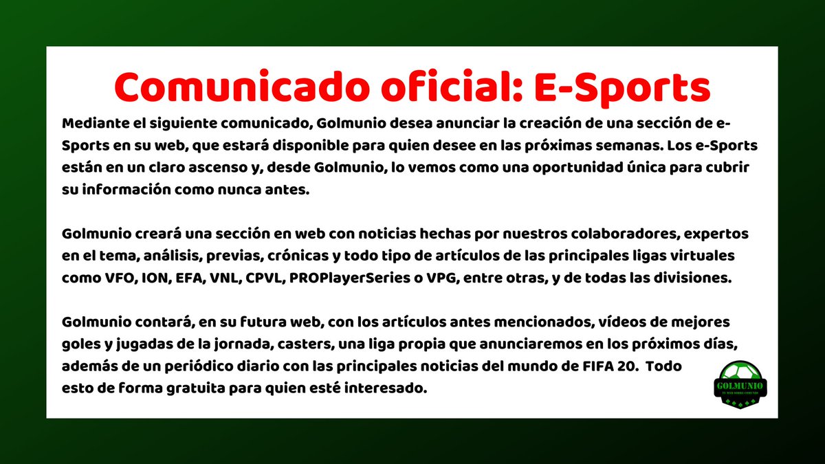 Golmunioes's tweet image. Comunicado oficial de #GolmunioES: Creación de una sección de e-Sports 🎮.
