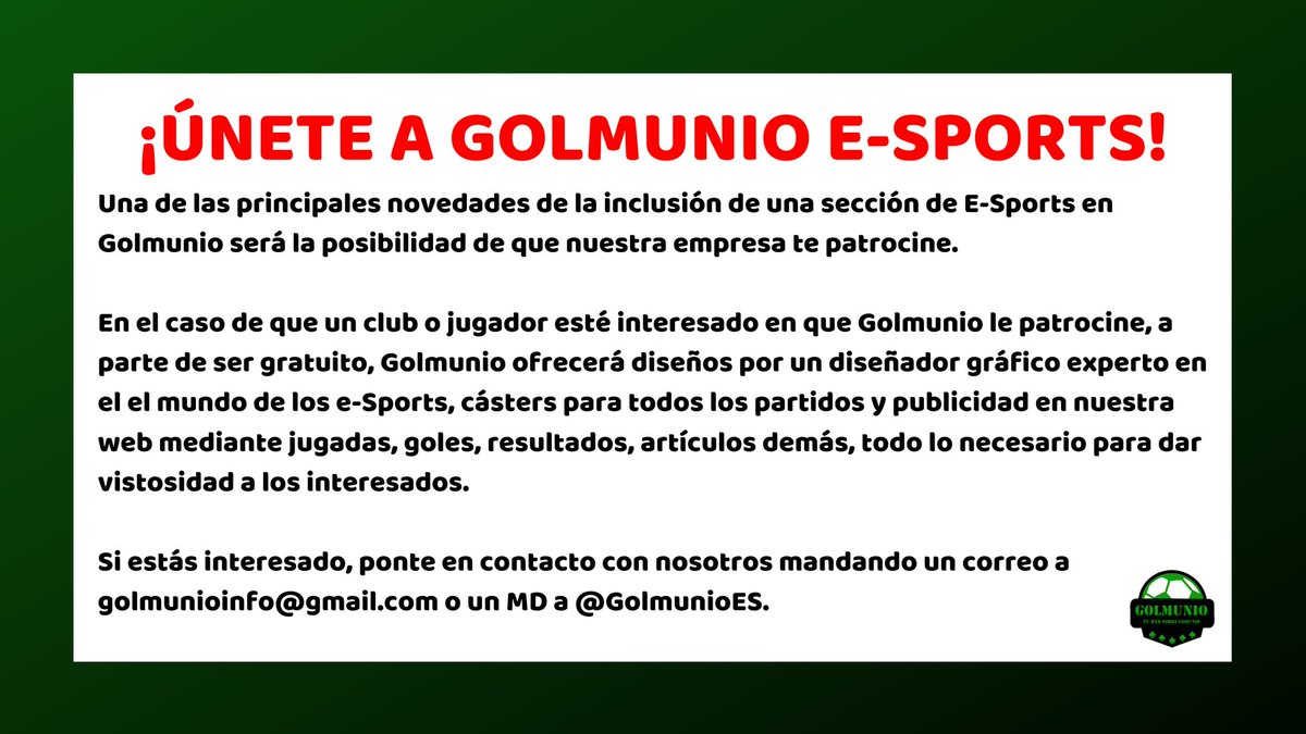 Golmunioes's tweet image. Comunicado oficial de #GolmunioES: Creación de una sección de e-Sports 🎮.