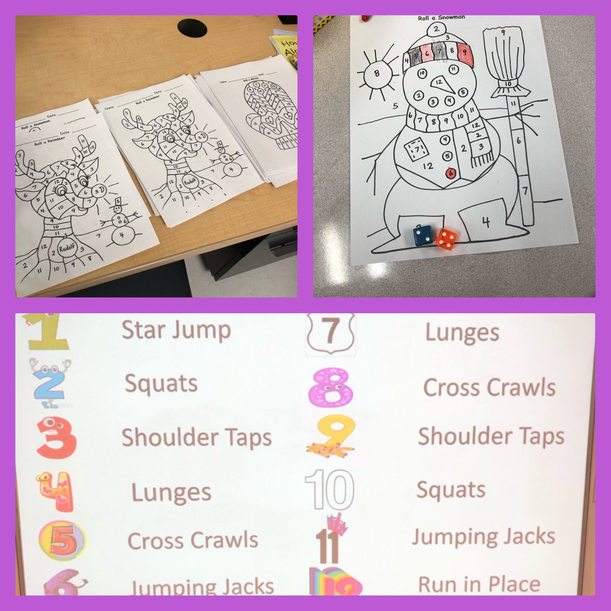 pe_mcpherson's tweet image. No gym, no problem! Roll dice-perform exercise- color in one section that has same number. Fitness+math+classroom. @PEGoshenGators @GoshenPostES #GoGPGators