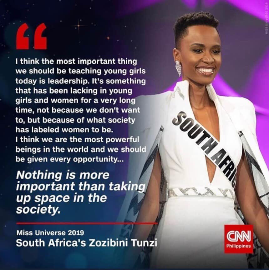 sheeoacademy's tweet photo. “#LEADERSHIP ... is what we should be teaching these young girls - to take up space!” #ZozibiniTunzi #MissUniverse 2019
Especially to take up space in the spaces girls have not taken up before. Like in the CEO offices and in the board rooms. #TellHer #SheCan #BEaSheEO https://t.co/9y06zvEDIS