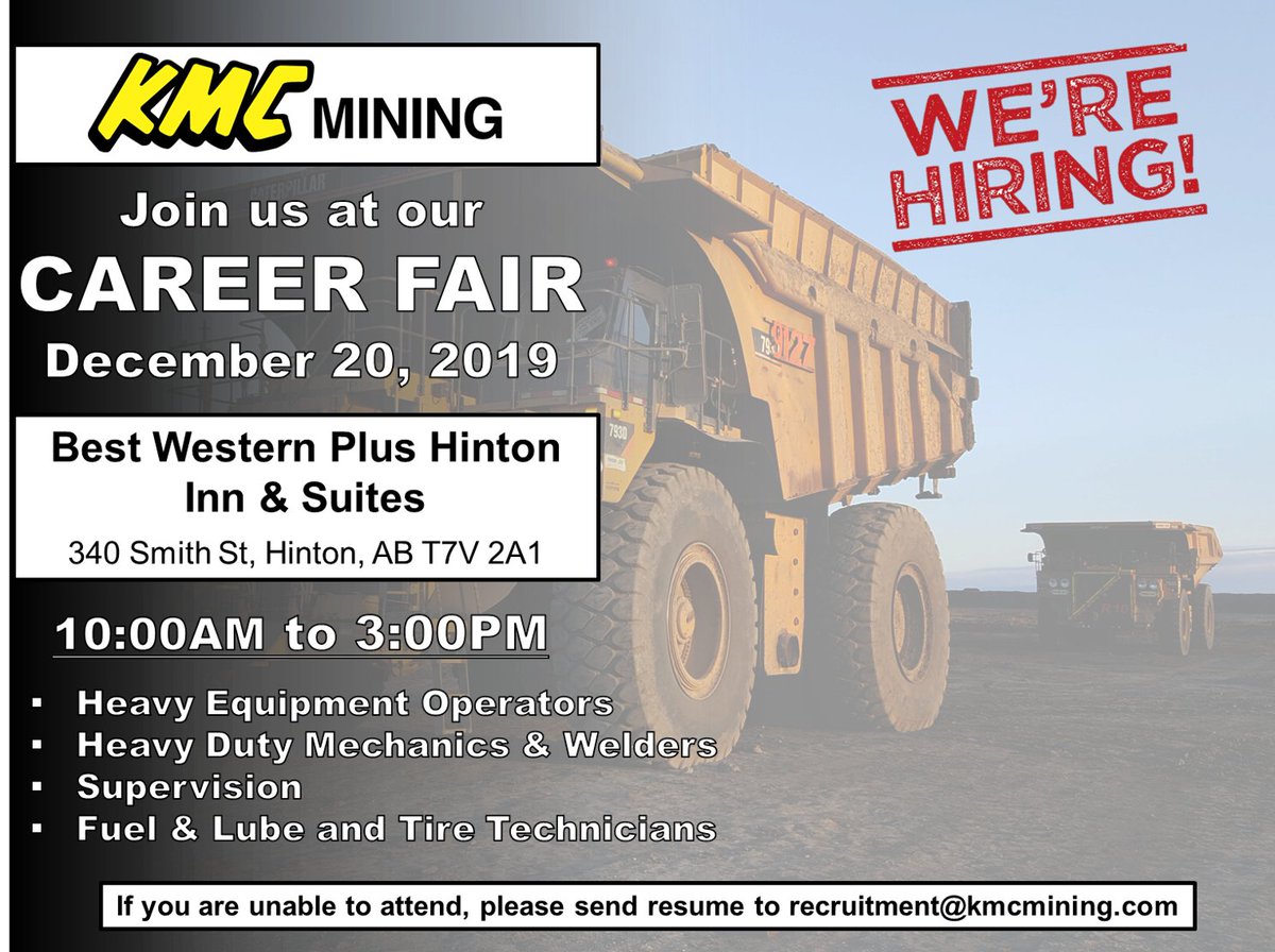 KMC_Mining's tweet photo. KMC Mining will be holding a Career Fair in Hinton, AB on Friday, December 20 from 10:00am to 3:00pm. Please bring your resume for on the spot interviews. Hope to see you there! RSVP here: https://t.co/UIvaGTSbrG https://t.co/TxhejwXlNd