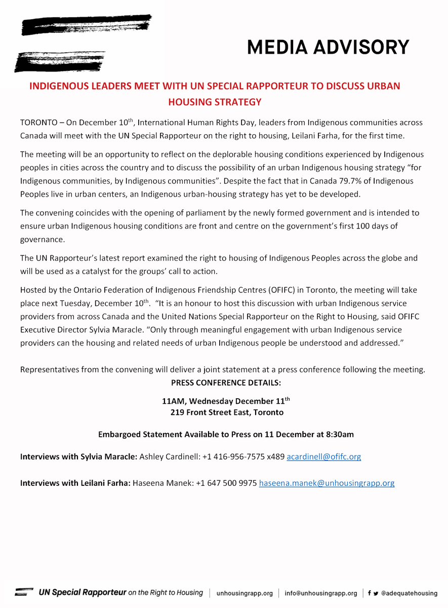 Tomorrow is #InternationalHumanRightsDay and we will be spending the afternoon discussing #Right2Housing of urban #IndigenousPeoples in Canada with leaders and service providers from across the country. #UNDRIP
