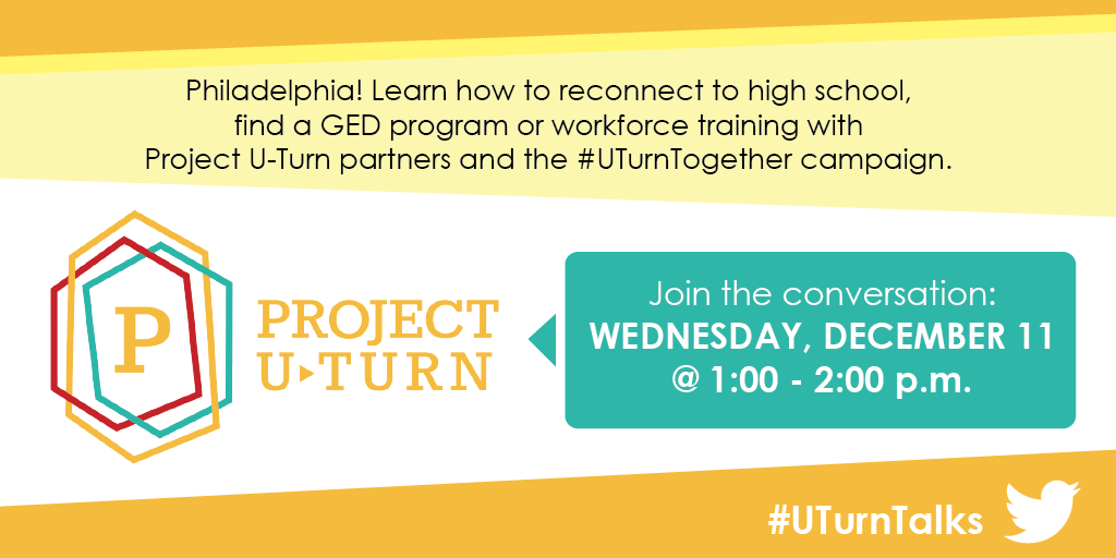 WilliamPennFdn's tweet photo. Do you work with Philly youth? Join a #ProjectUTurn Twitter chat about connecting young people with opportunities to earn their high school diploma. @PSNotebook leads the chat this Wednesday at 1pm. Use #UTurnTalks to participate! @PYNinc #UTurnTogether https://t.co/9LAkPhCLo5