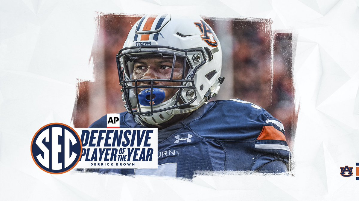 AuburnFootball's tweet photo. 🚨@AP SEC Honors Announced🚨
SEC Defensive Player of the Year
@DerrickBrownAU5
1️⃣ Team
@DerrickBrownAU5
@marlondavidson7
@K_Britt10
2️⃣ Team
@New_EraJD3
#WarEagle https://t.co/Oy95vmavAG