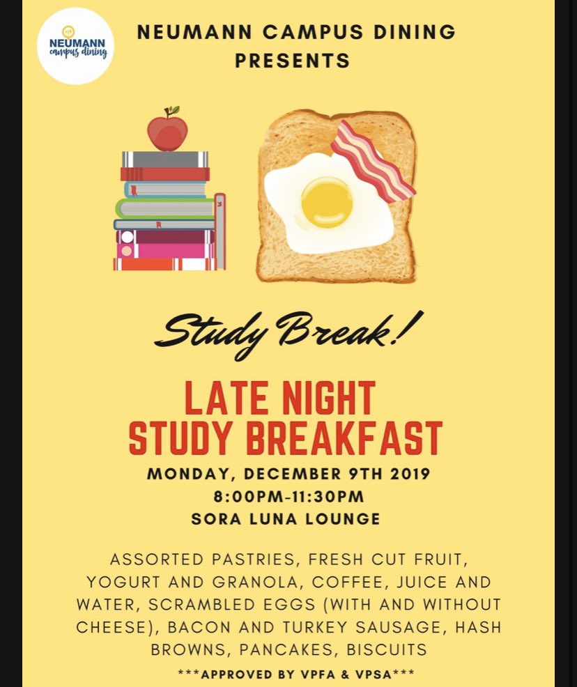 NeumannUDining's tweet image. Need a study break? Join us later tonight from 8-11:30pm for a late night breakfast in the Sora Luna Lounge! Good luck on finals knights!