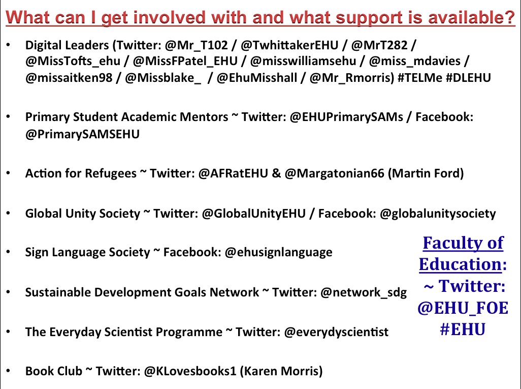 EHUEducationSoc's tweet photo. Some of the fantastic groups to get involved with and seek support from in the @EHU_FOE #TELMe #DLEHU, @EHUPrimarySAMs, @AFRatEHU, @GlobalUnityEHU, @network_sdg, @evrydyscientist & @KLovesbooks1! We really are so fortunate #EHU #EHUEdSoc https://t.co/fHXeJPWxn0