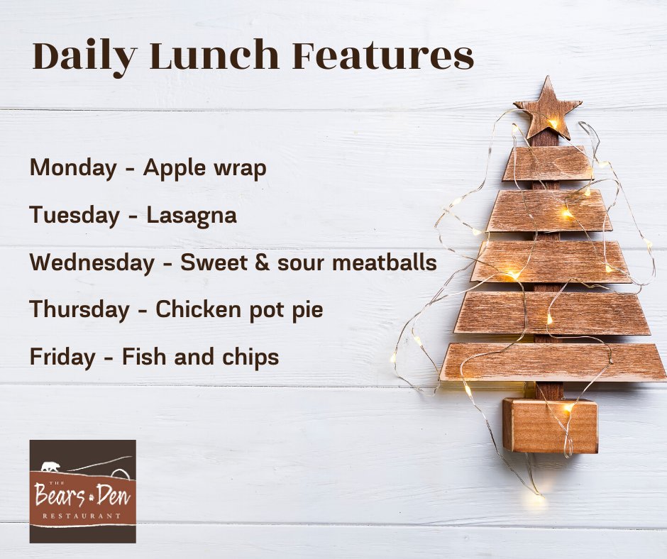 CoastPenticton's tweet photo. Here are this week's lunch features at our onsite restaurant, the #BearsDenRestaurant. Come by and have a delicious meal from 7am - 2pm daily.

#lunch #breakfast #comfortfood #goodfood https://t.co/bttdrPaYNW