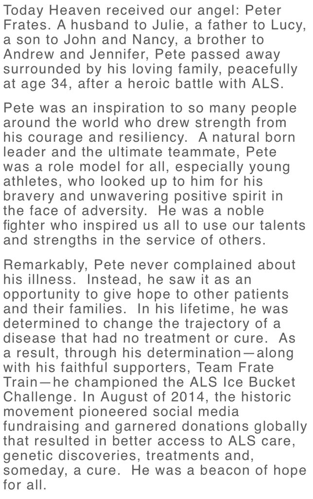 RochieWBZ's tweet photo. The world lost a true hero today with the passing of Pete Frates. 

I admired everything about him. His story will live on for generations. The battle he fought. His passion, joy for life and the amazing work he’s done to fight #ALS RIP Pete

Here is a Frates family statement: https://t.co/YRleZFYuMN