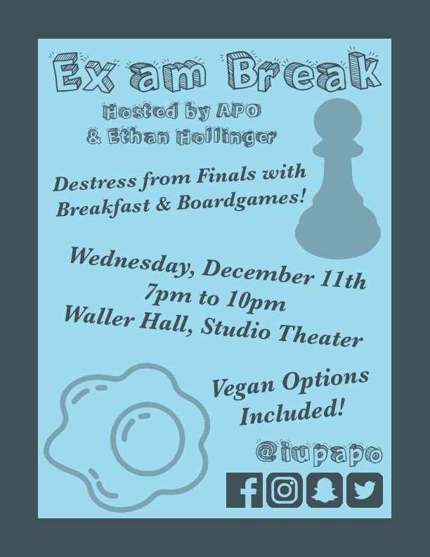 iupapo's tweet photo. Join APO this Wednesday night in taking a break from the stress of finals week. Do you like breakfast? Do you like boardgames? Then you’ll love this! 🥞 #iupapo #exambreak #finalsweek #breakfastandboardgames https://t.co/u7LSphPyqe