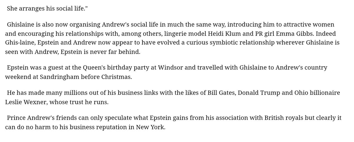 She (Ghislaine) arranges his (Epstein's) social life.Ghislaine is now organising Andrew's social life in much the same way ...