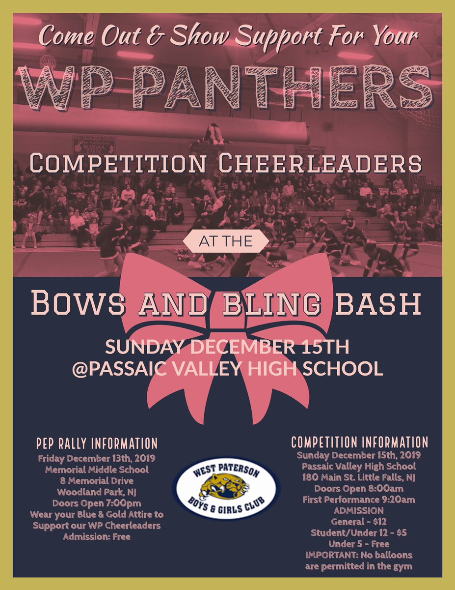 WPBGClub's tweet photo. Come out and support our 2019 WP Competition Cheerleaders at this years Pep Rally and Cheer Competition.

Pep Rally is Friday 12/13 at Memorial Middle School, Doors open at 7:00PM

Competition is Sunday 12/15 at Passaic Valley High School 9:00am https://t.co/ulzAjaPaSw