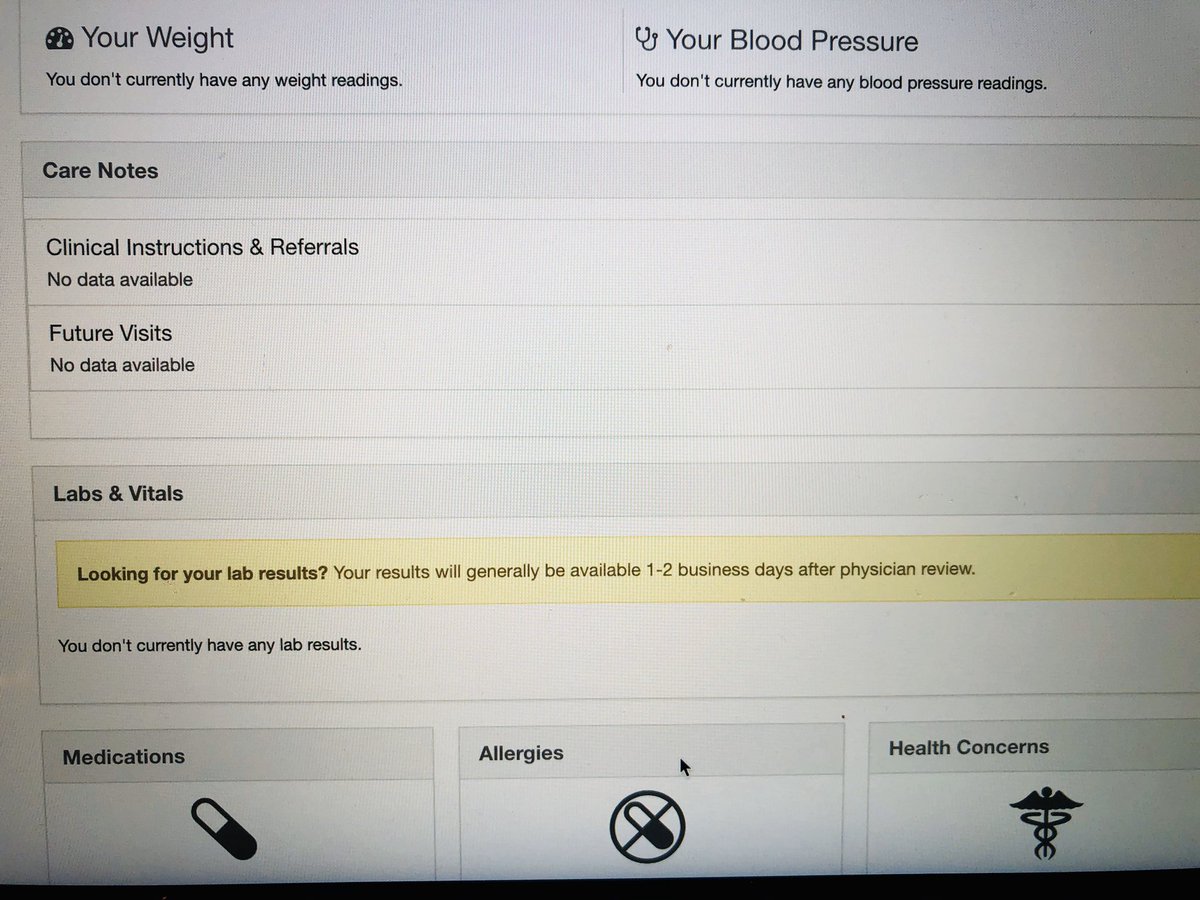 Enlightening Results 💡 (@gracecordovano) on Twitter photo <a href="/ritters90/">Ritesh Patel</a> This is an actual snap shot of a patient’s portal. Patient has an extensive medical history.
Portal at a center of excellence facility is EMPTY. Stop blaming patients for not using their portals. 🙄
#DMC19 #UnblockHealth #PatientAdvocacy #Interoperability <a href="/ritters90/">Ritesh Patel</a> This is an actual snap shot of a patient’s portal. Patient has an extensive medical history.
Portal at a center of excellence facility is EMPTY. Stop blaming patients for not using their portals. 🙄
#DMC19 #UnblockHealth #PatientAdvocacy #Interoperability