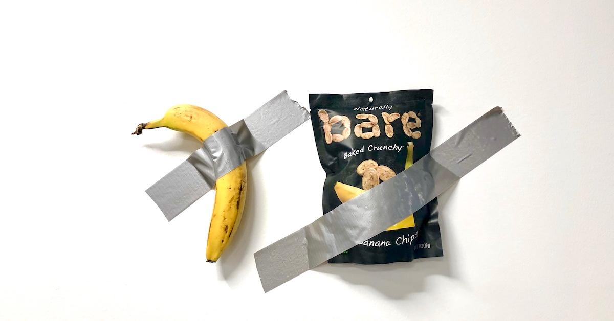 FINALLY, others see the value of bananas. Inspired by @artbasel, save over $119,995 by buying a bag of bare banana chips instead 😉 #mauriziocattelan #artbasel #art