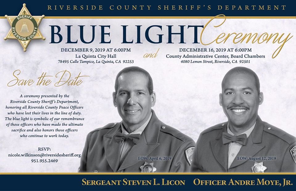 RSO's tweet photo. 🔵 Reminder : We will convene at the La Quinta City Hall today Monday, December 9, 2019, at 6:00 p.m. The La Quinta City Hall is located at 78495 Calle Tampico, La Quinta, CA 92253.
#bluelightceremony #rivco #sheriff #rememberingthefallen https://t.co/RxjUE9PhjO