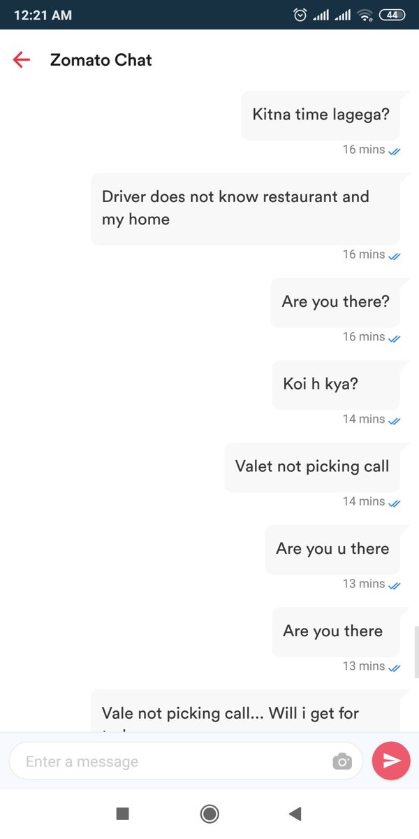 dptelang's tweet photo. @zomatocare 20 Minutes valet not packing call.
No one on chat.
Will i get order or not?
#ZomatoWalaSoGaya https://t.co/M9DnTGM5WZ