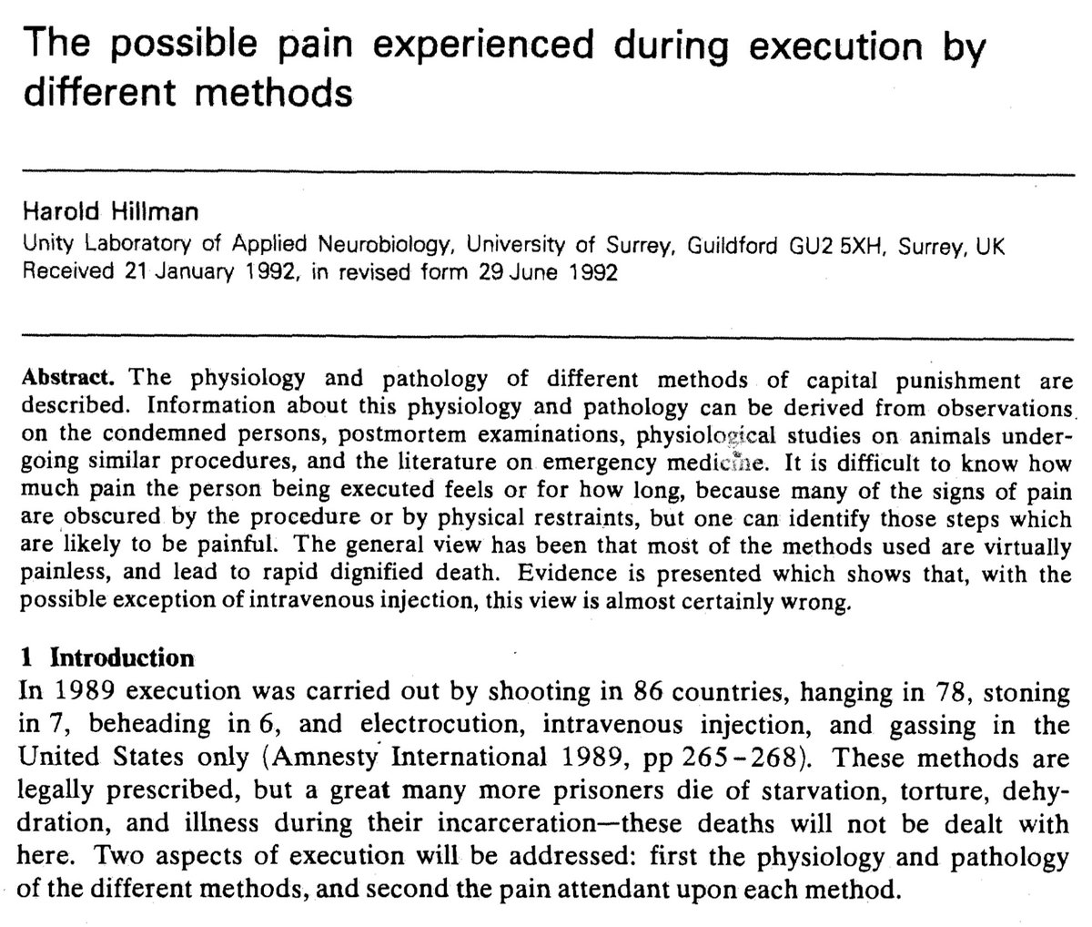 'The Possible Pain Experienced During Execution By The Different Methods.'The Report By Harold Hillman, Unity Laboratory Of Applied Neurobiology, University Of Surrey, U.K.(Perception, 1993, Volume 22, Pages 745 - 753)