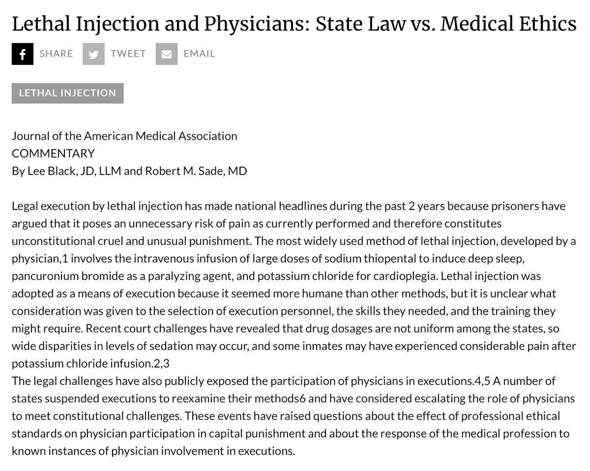 'Lethal Injection And Physicians.'State Law Vs. Medical Ethics.(Journal Of The American Medical Association Commentar By Lee Black, JD, LLM And Robert M. Sade, MD.) https://deathpenaltyinfo.org/stories/lethal-injection-and-physicians-state-law-vs-medical-ethics